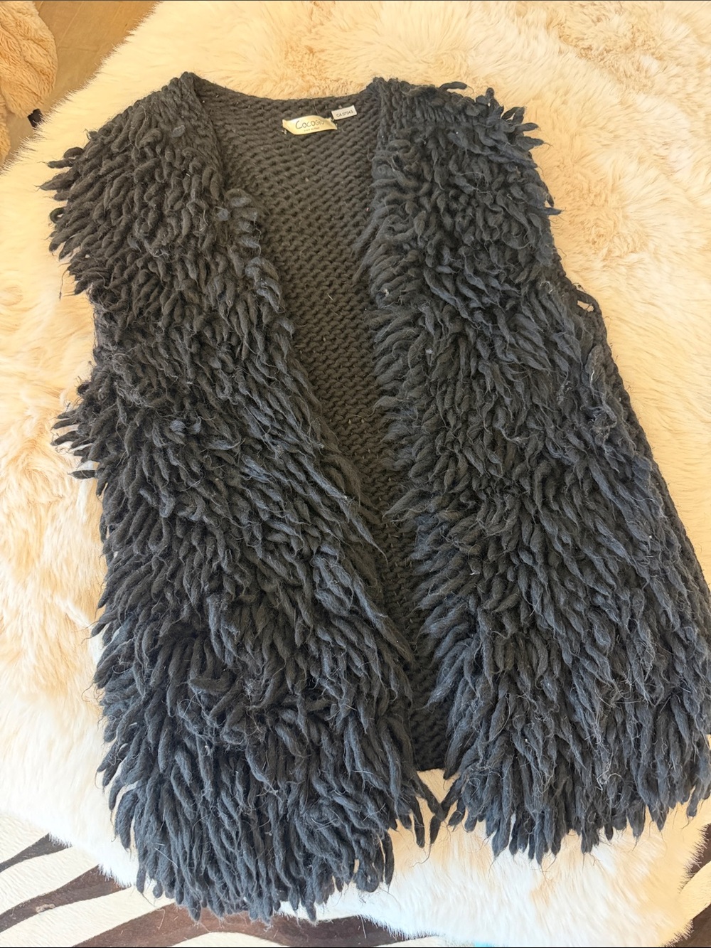 Cocogio Soft Plush hand knit Knit Open-Front Vest Black